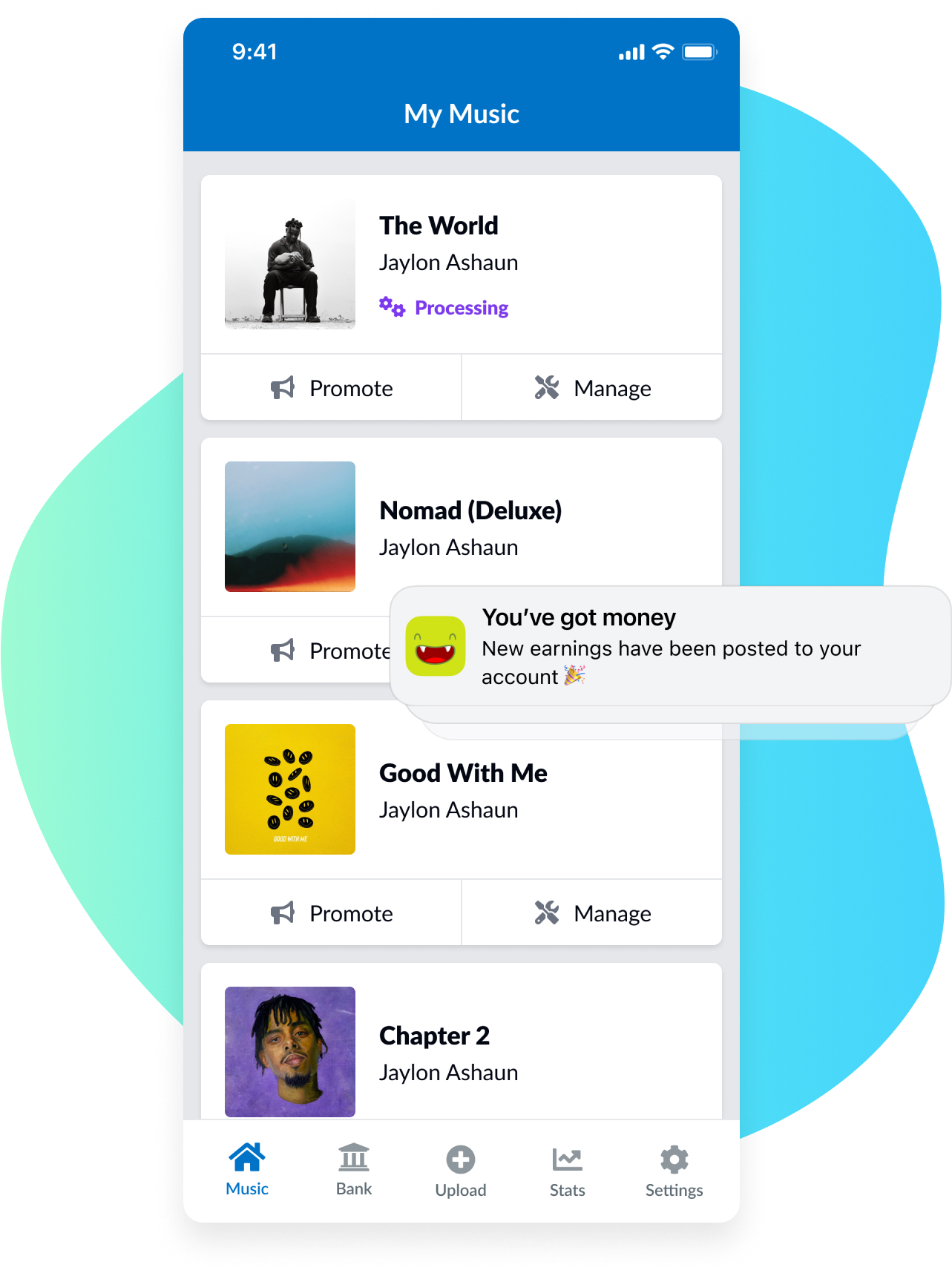 Example of the music tab in the DistroKid iphone app with a blue blob shape behind and an example of a push notification letting people know they have money in the bank.